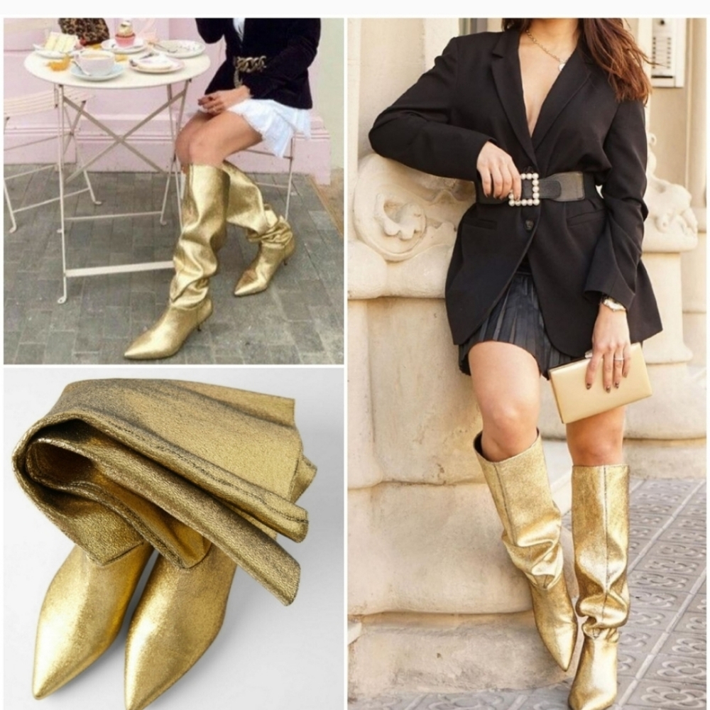 Zara NWT 38 7.5 Gold metallic patent leather boots cowboy heels patent b… - Picture 1 of 13